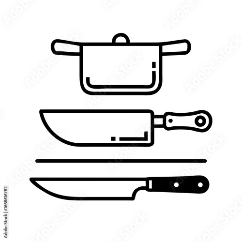Cooking pot and knives, ideal for culinary projects and food preparation in the kitchen