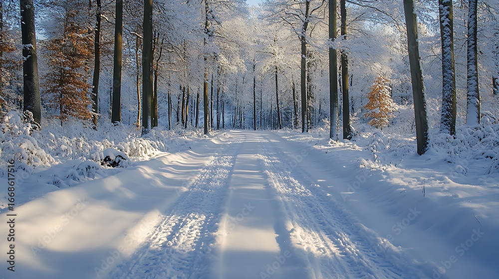Obraz premium Snowy Forest Road with Tire Tracks and Sunlight on Trees