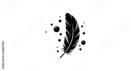 A black feather with bubbles floating around it on a white background silhouette