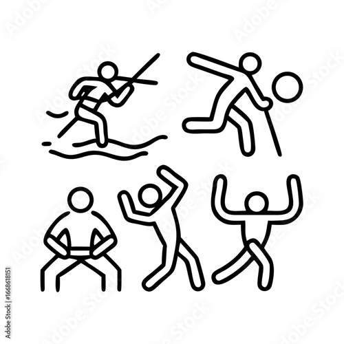 Line art illustration of various sports activities featuring stick figures