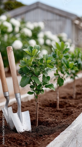 Closeup of Gardening Tools Beside Newly Planted Saplings in a Raised Garden Bed