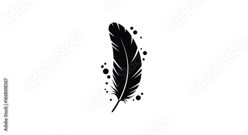 A black feather with decorative dots on a white background silhouette