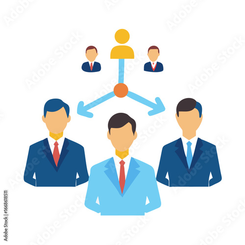 Business team leader delegating tasks to subordinates, showing hierarchy and management structure