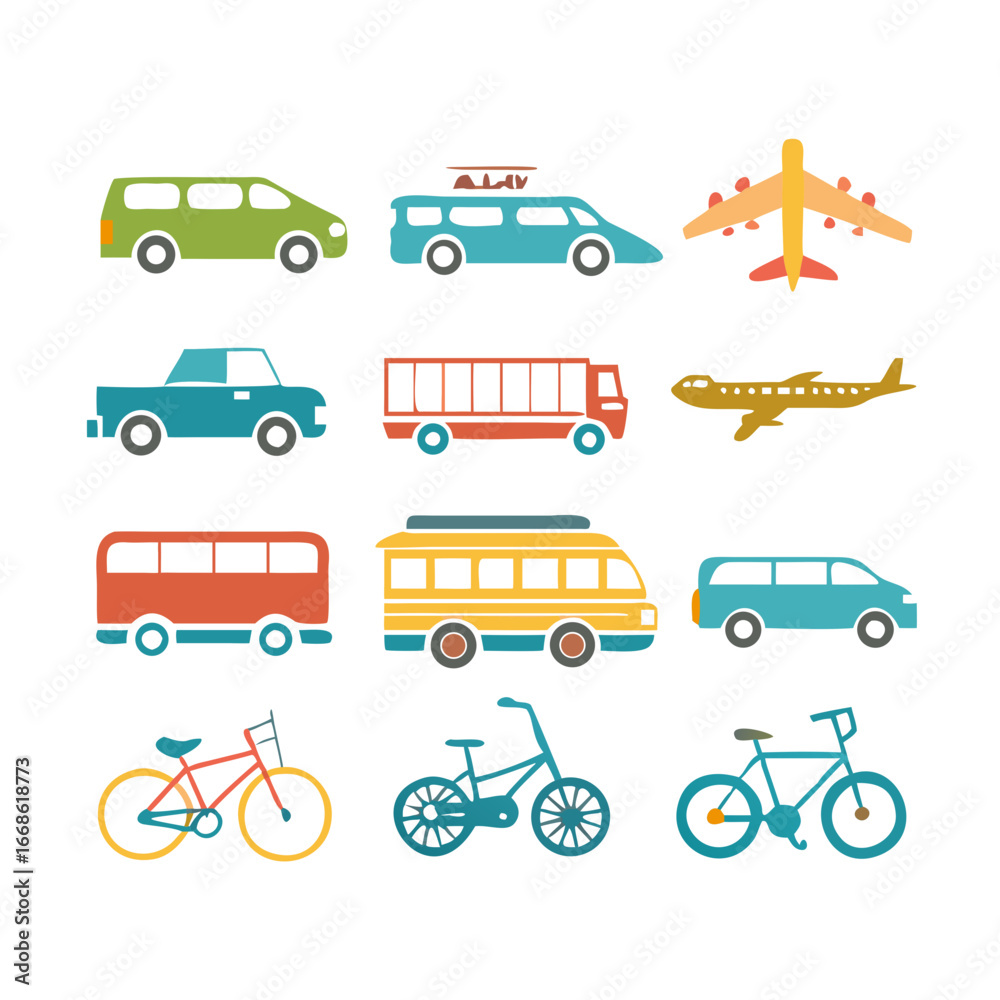 Naklejka premium Collection of colorful transport icons, including cars, buses, trucks, bicycles, and airplanes in a flat design style