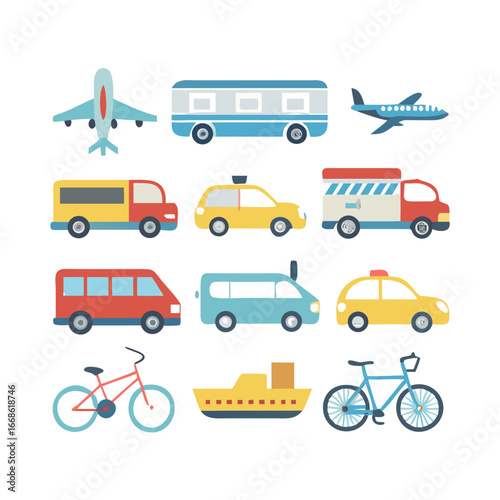 Set of colorful transport icons, including cars, buses, trucks, bicycles, airplanes, and boats in a flat design style