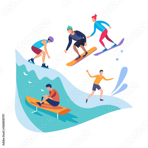 Isometric illustration of people doing extreme sports, including snowboarding, surfing, and running