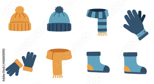 Winter clothing accessories in shades of blue and orange silhouette