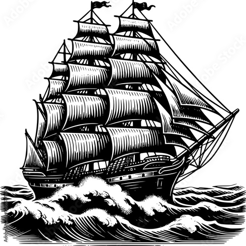 Voyage of a Vintage Galleon: A meticulously crafted engraving depicts a majestic vintage galleon sailing through turbulent waters, evoking the spirit of exploration and maritime history.