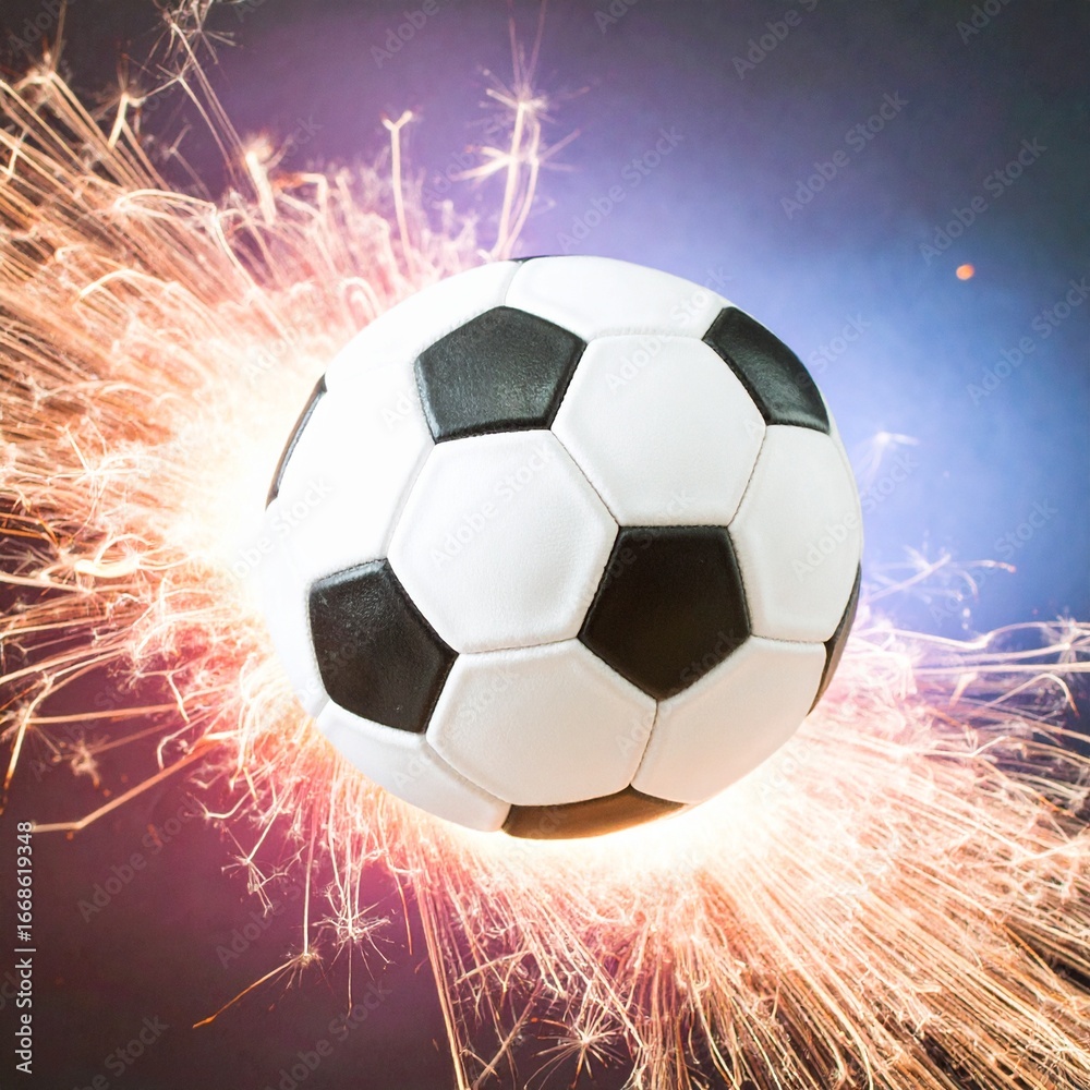 Naklejka premium Soccer Ball With Golden Sparklers Explosion Effect On Blue Background