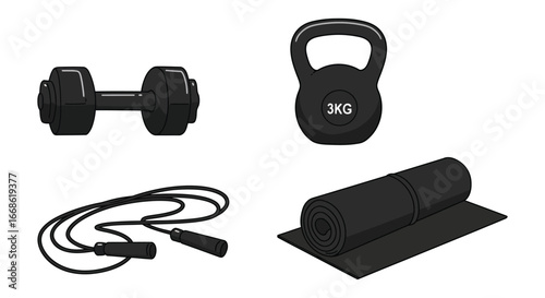 Black exercise equipment including dumbbell kettlebell jump rope and yoga mat silhouette