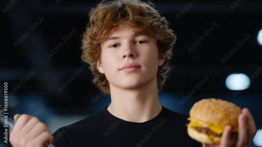 Naklejka premium A young man smiles confidently while holding a delicious burger in one hand and a fork in the other. This image captures joy and excitement around food. Perfect for food-related content. AI