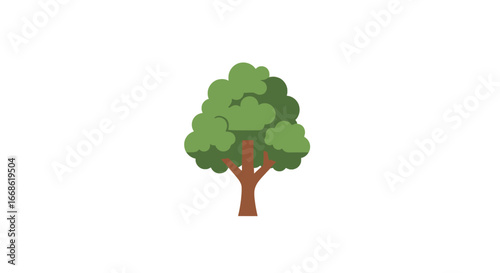 Stylized flat design illustration of a vibrant green tree with a sturdy brown trunk, symbolizing nature, growth, and ecological balance on a clean white background