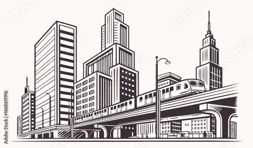 City landscape with high rise houses, skyscrapers, multistory buildings. Geometric cityscape of downtown, business district. Urban railroad bridge in town. Flat isolated vector illustration 
