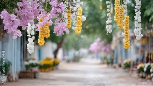 Colorful Flower Garlands Decorate Festive Street Scene
