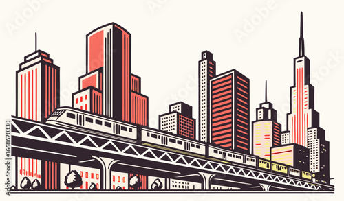 City landscape with high rise houses, skyscrapers, multistory buildings. Geometric cityscape of downtown, business district. Urban railroad bridge in town. Flat isolated vector illustration 
