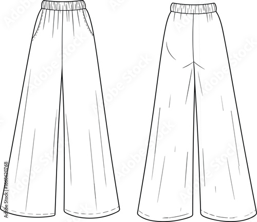 Fashion flat sketch of women’s wide leg pants with elastic waistband and pockets, front and back vector apparel design template.