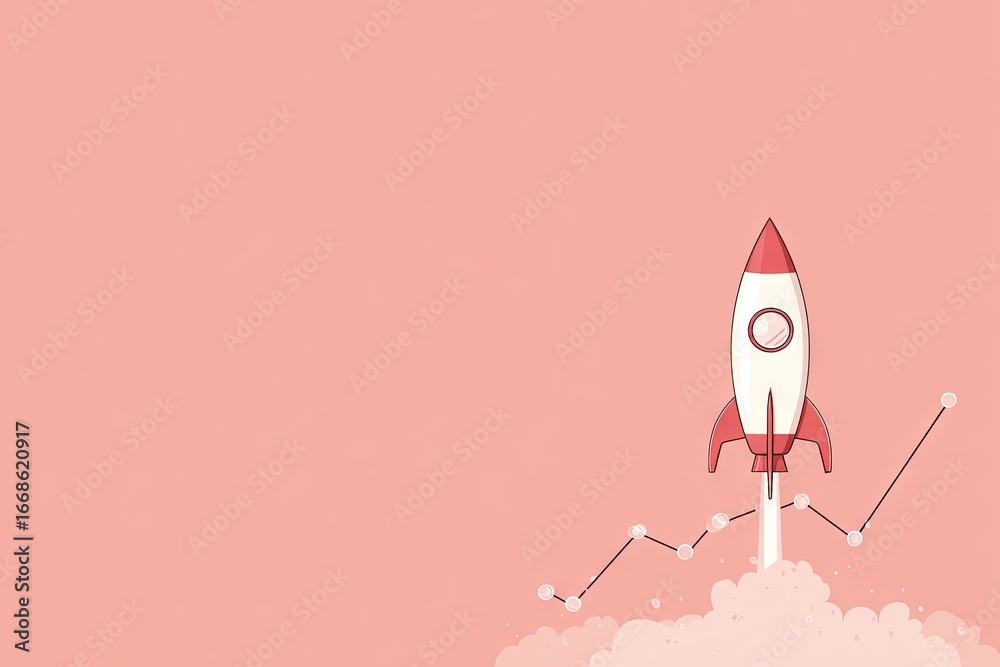 Fototapeta premium Cartoon rocket blasting off over an upward trending chart on a solid pink background