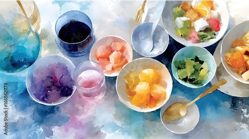 Colorful Watercolor Painting of Food on a Table