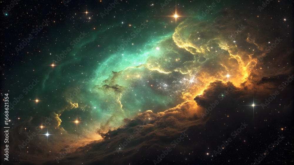 Fototapeta premium Green and Yellow Nebula in Dark Space