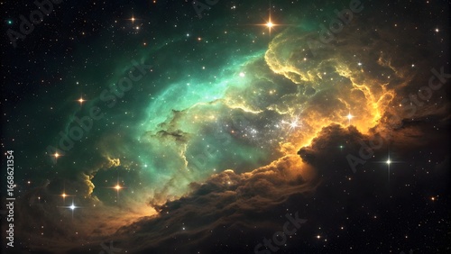 Green and Yellow Nebula in Dark Space