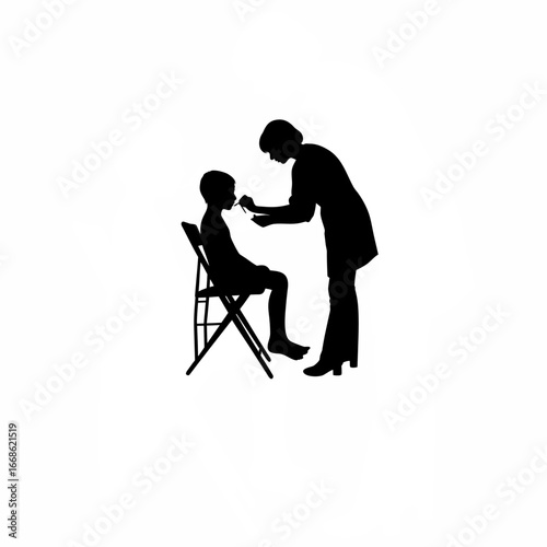 Silhouette of a child receiving vaccination at a street clinic isolated on white background silhouette