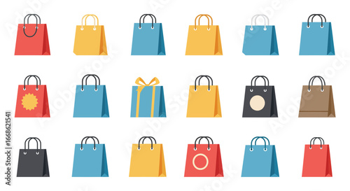 Colorful shopping bags in various designs and colors on white background silhouette