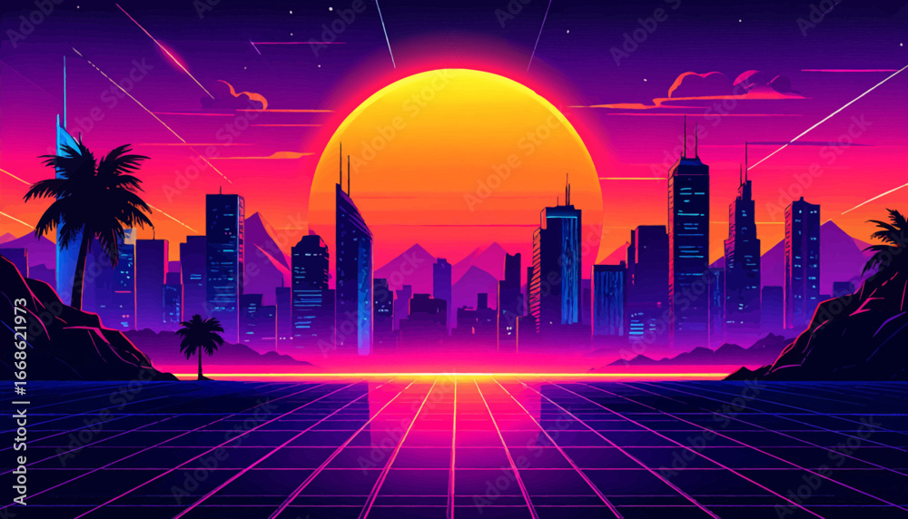 Fototapeta premium Sunset Retro Dream. Palm Neon Cityscape. Cyber Glow Horizon. Vaporwave Retro City. Neon Skyline Sunset. Neon Retro Horizon. Sunset Cyber City. Retro Palm Sunset. Neon Dream Skyline. Futuristic Sunset