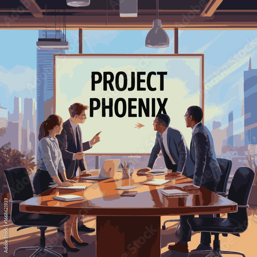 need A company mega project business meting with boss on white background.