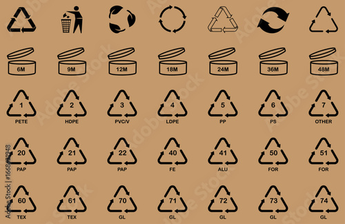 Collection of plastic recycling symbols, material codes, and eco packaging signs on brown background. Perfect for sustainability, waste management. recycle, plastic, icon, vector, code