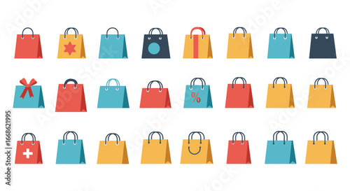 Colorful shopping bags and gift bags in various designs and colors silhouette