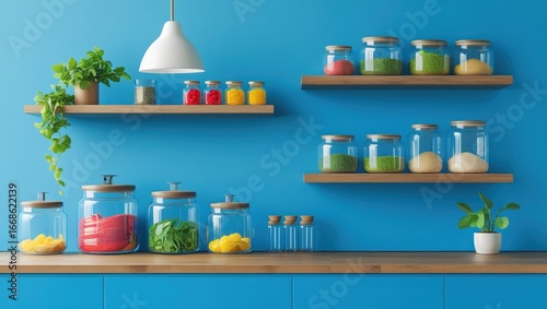 A bright, modern kitchen interior showcases organized glass jars filled with various food items, displayed on wooden shelves against a vibrant blue wall.