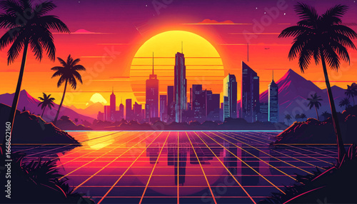 Neon City Dreamscape. Synthwave Sunset Glow. Futuristic Palm Paradise. Cyberpunk Grid Skyline. Vaporwave Neon Sunset. Retro City Glowscape. Neon Tropical Horizon. Miami Synthwave Sunset. Neon Skyline