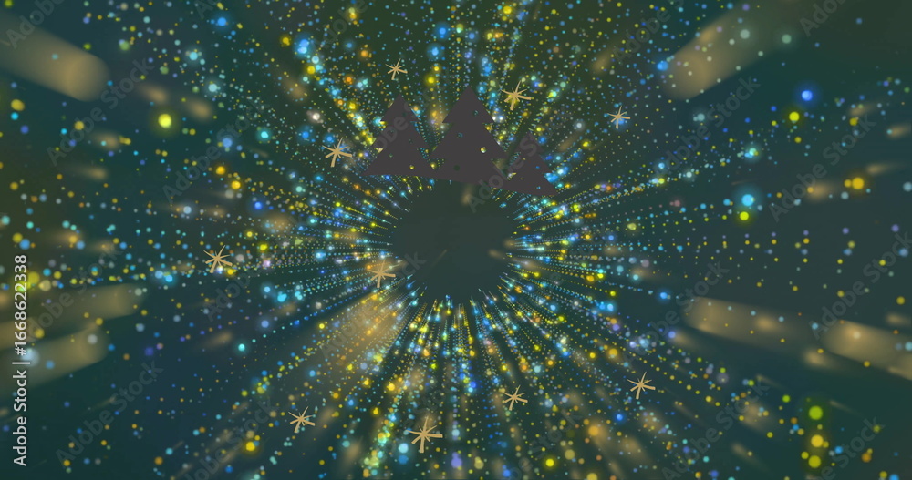 Naklejka premium Digital artwork showing radial burst of vivid lights pulsing in starfield, with pine silhouettes