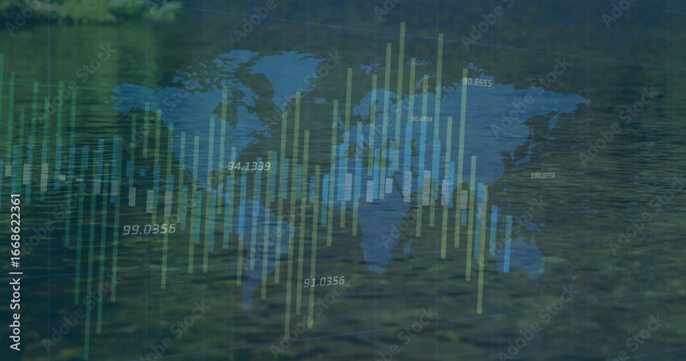 Naklejka premium Displaying blue world map overlaying rippling lake water, with green yellow bars and numeric labels