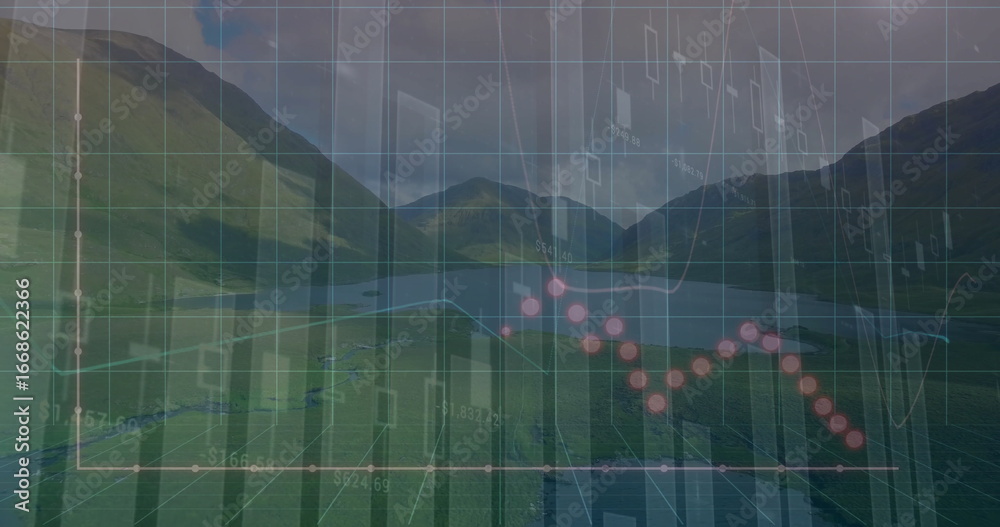 Fototapeta premium Overlaying mountain lake landscape with transparent financial graphics, gridlines and candlesticks