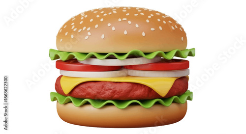 A vibrant 3D conceptual illustration of a classic hamburger, featuring sesame bun, fresh vegetables, cheese, and a patty, isolated on white