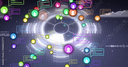 Displaying HUD tracking data in interface with chat-bubbles avatars panels waveforms code on grid