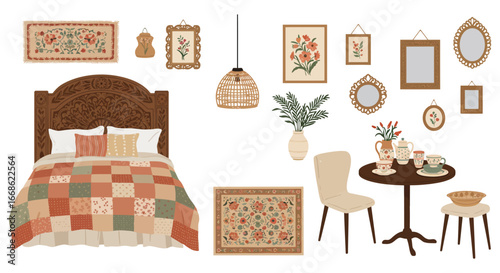 Cozy bedroom setup with furniture and decorative items on white background silhouette