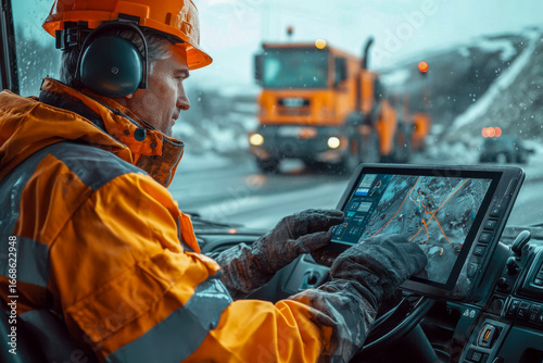 Worker in a bright jacket analyzes maps on a tablet while operating machinery in snowy outdoor environment