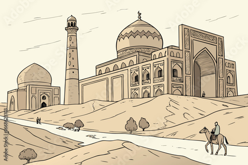 Stylized illustration of a grand mosque with a minaret and a rider on a camel architecture dome