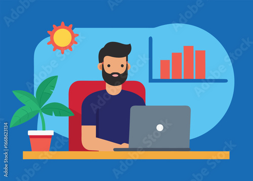 Man Working Remotely on Laptop with Graph and Plant Illustration