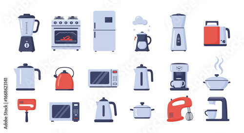 Collection of various kitchen appliances and gadgets for cooking and food preparation silhouette