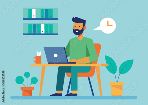 Man Working from Home Office with Laptop and Plants Illustration