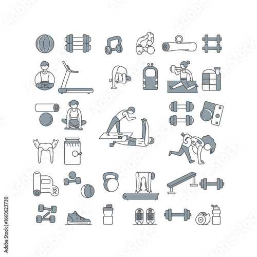 Fitness and workout equipment icons dumbbells yoga treadmill kettlebell gym exercise healthy lifestyle