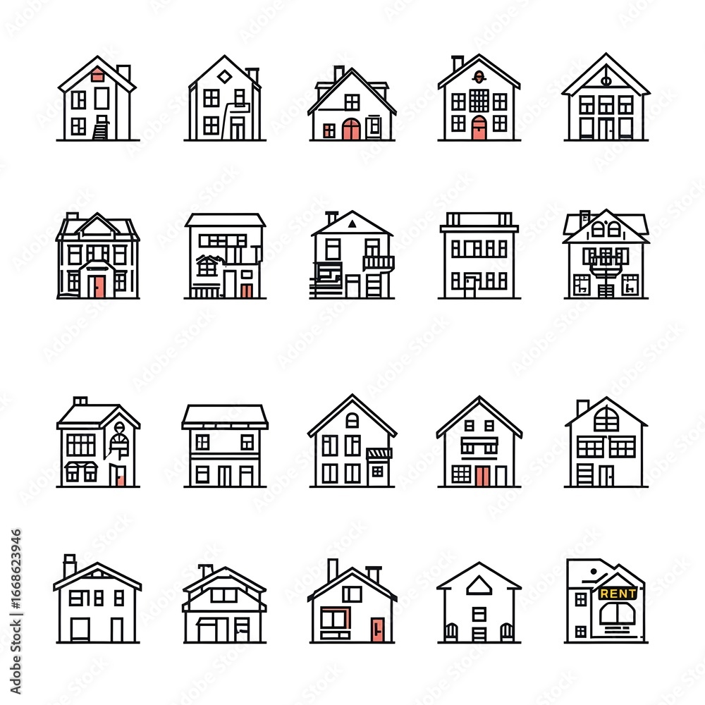 Fototapeta premium Vector Line Icon Set of Real Estate and Property
