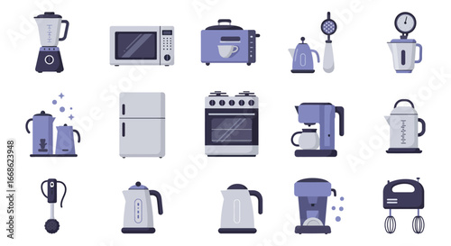 Collection of various kitchen appliances and gadgets for cooking and food preparation silhouette