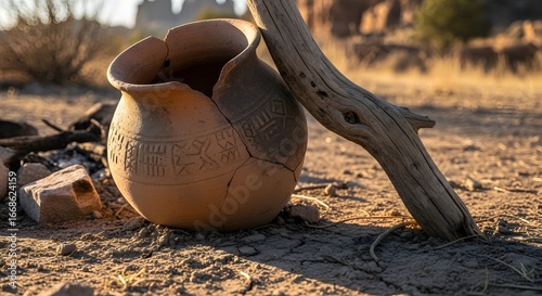 A cracked, ancient clay pot sits on arid ground, leaning against a weathered branch in a desert landscape with distant rock formations.