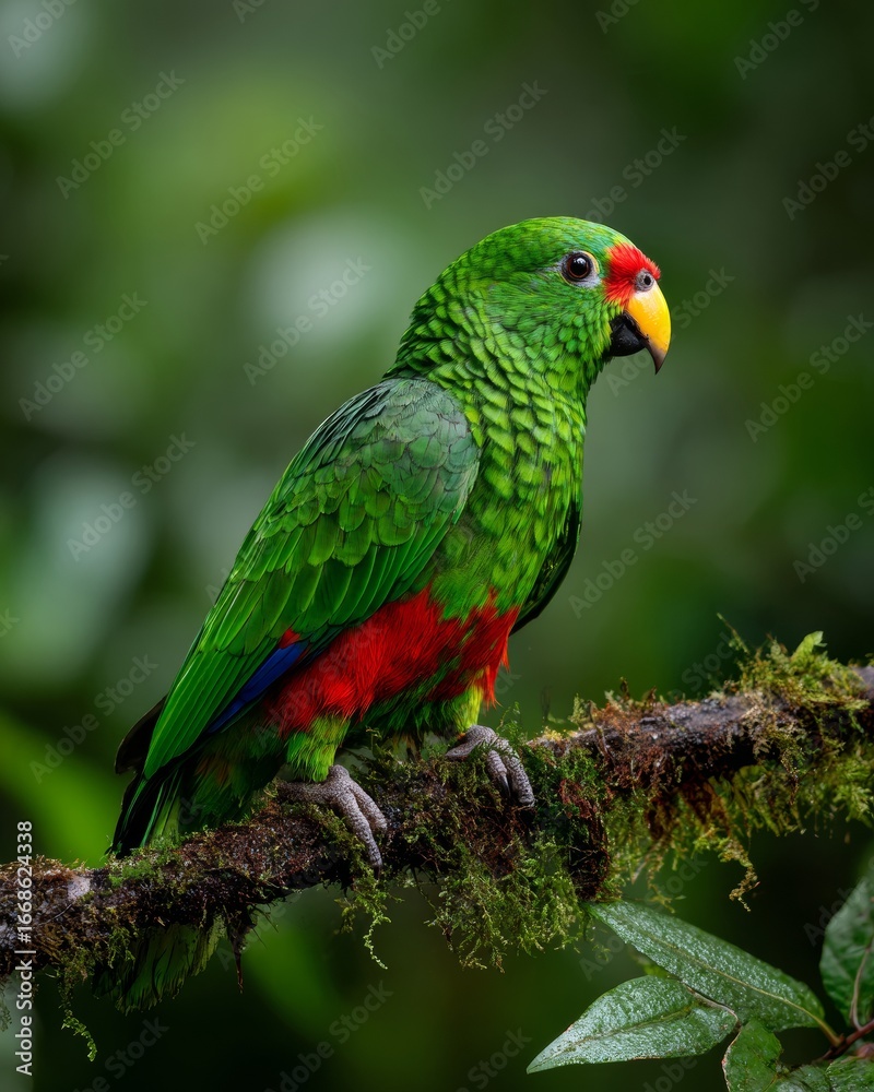 Obraz premium Colorful parrot with bright green feathers and red chest perched on a moss-covered branch in a lush jungle. Wildlife, tropical bird, nature, exotic animal.