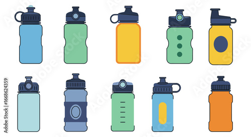 Collection of colorful water bottles with various designs and caps silhouette