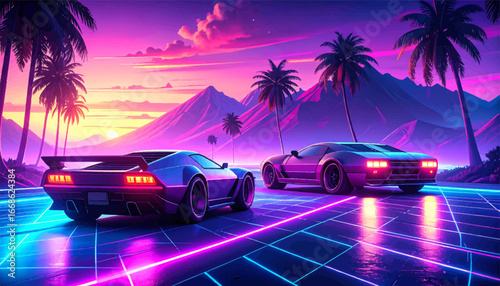 Retro cars cruising neon streets. Neon sunset with vintage cars. 80s retro cars in vibrant cityscape. Neon cars and futuristic vibe. Vintage cars on glowing grid road